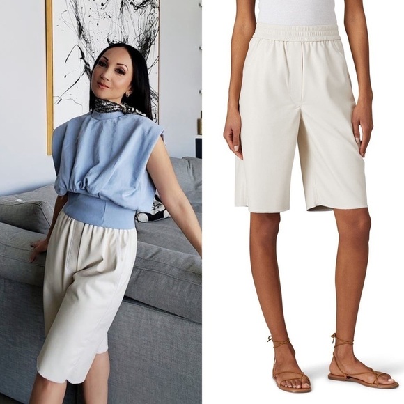 NANUSHKA Ivory Faux Leather High Rise Elastic Waist Knee Length Bermuda Short XS - Picture 13 of 16